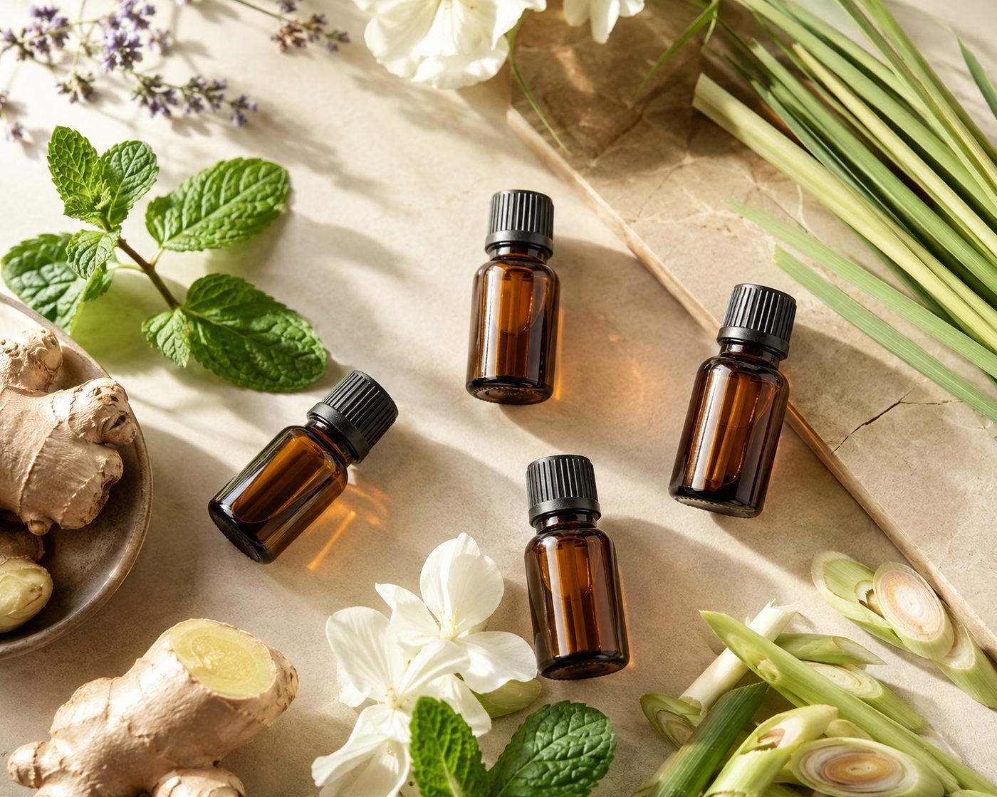 Flat-lay of BEMIHUB Naturals amber essential-oil bottles with botanicals