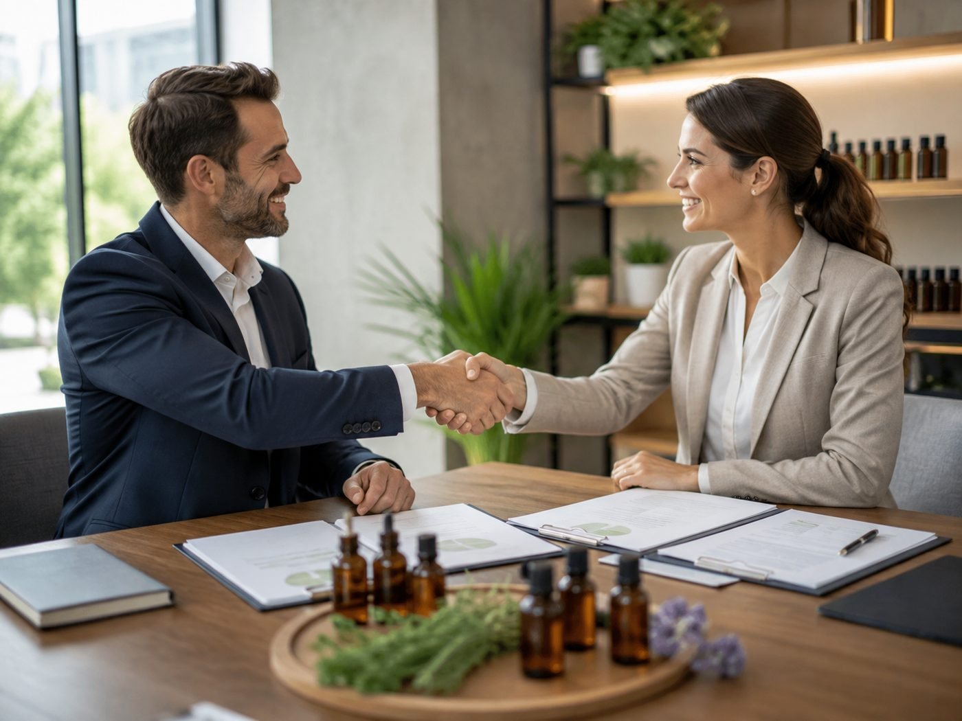 Two professionals shaking hands over a table with essential-oil samples and documents