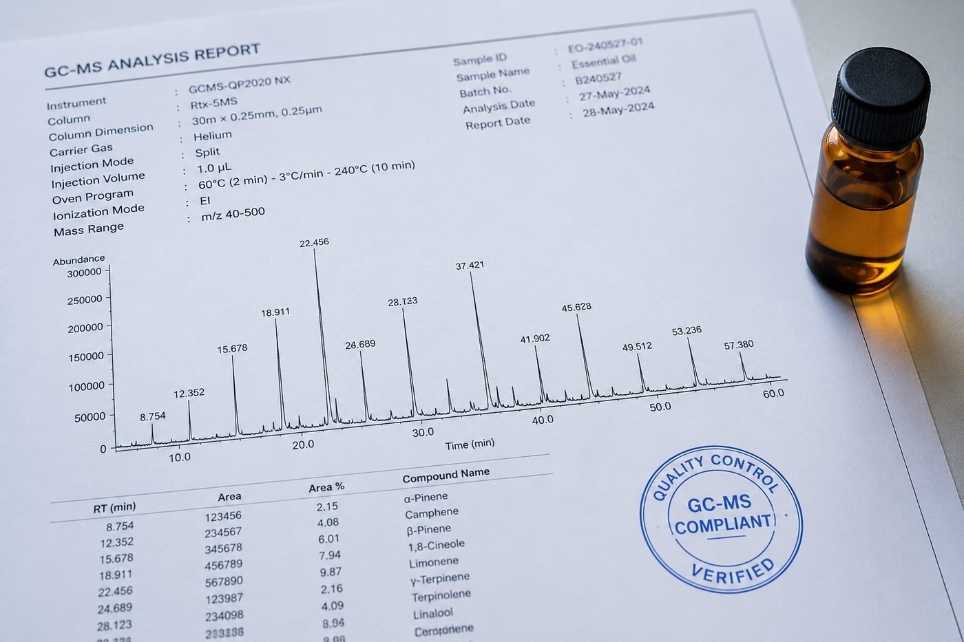 GC-MS chromatogram beside an essential-oil sample vial and compliance stamp